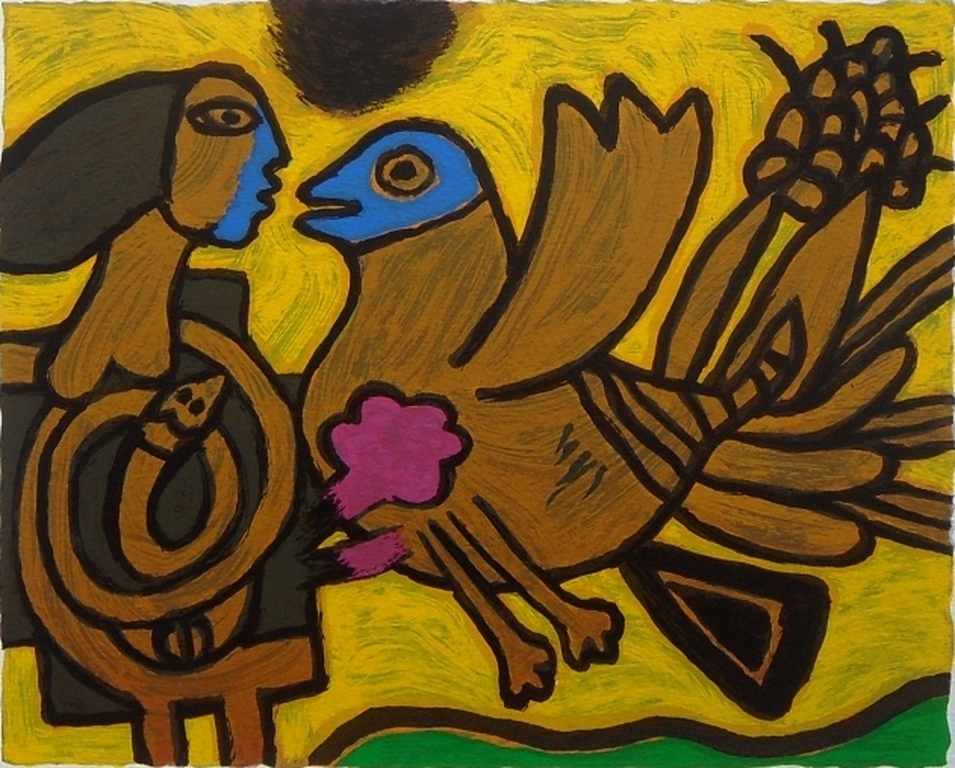 Corneille: Vrouw en vogel in geel en blauw kopen? Bied vanaf 75!