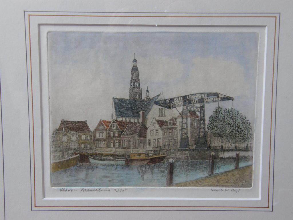 Huib Bijl: kleurenets, haven Maassluis, genummerd en potlood gesigneerd kopen? Bied vanaf 1!