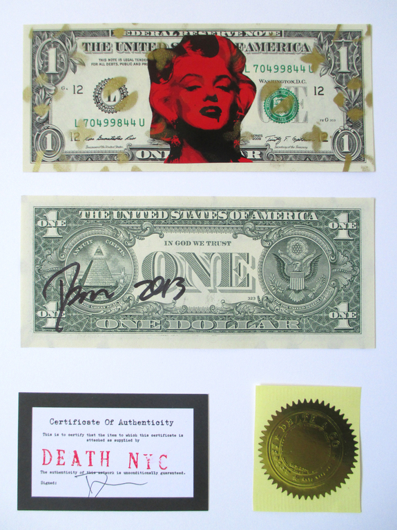 DEATH NYC,  originele "street-art" dollar biljet, 2013, gesigneerd, met COA kopen? Bied vanaf 1!