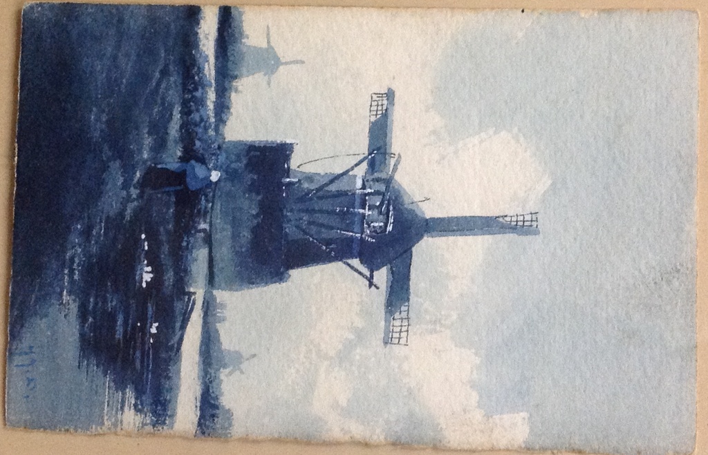 Trio van aquarellen door H.J. Duiverman; molens in blauw-witte tinten kopen? Bied vanaf 45!