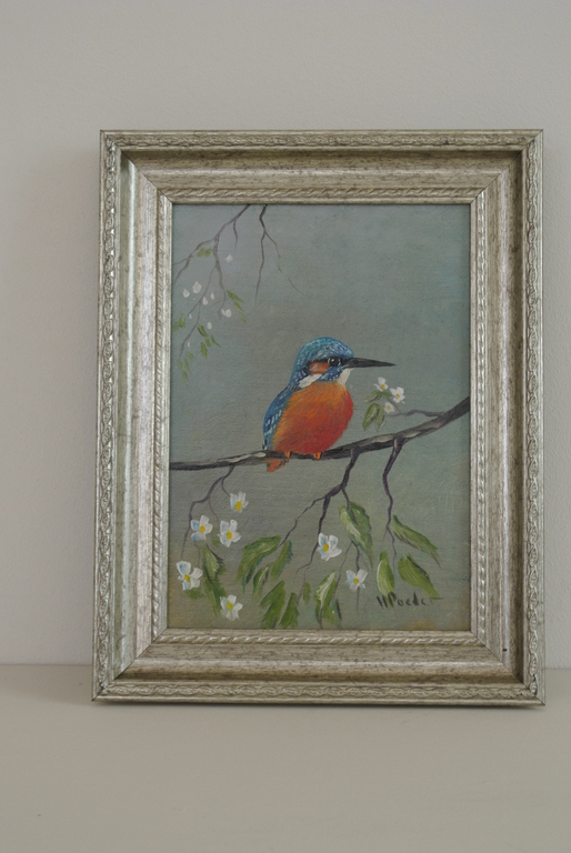 Henk Poeder, olieverf, marouflé, ijsvogel op bloesemtak verkocht voor € 75!