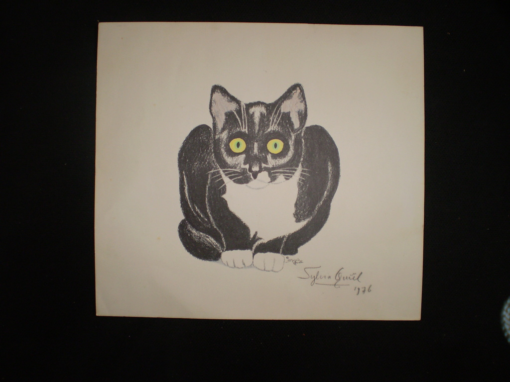 potloodtekening van Sylvia Willink-Quiël, liggende poes verkocht voor € 100!