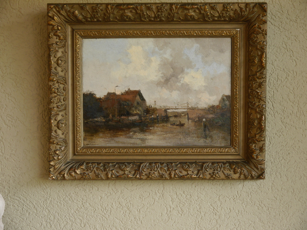 W.G.F Jansen,  op doek geschilderde afbeelding van bootje bij brug.  kopen? Bied vanaf 1750!