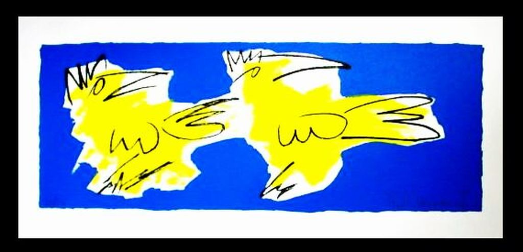 Frank Lengvenius, zeefdruk VOGELS (blauw) kopen? Bied vanaf 1!