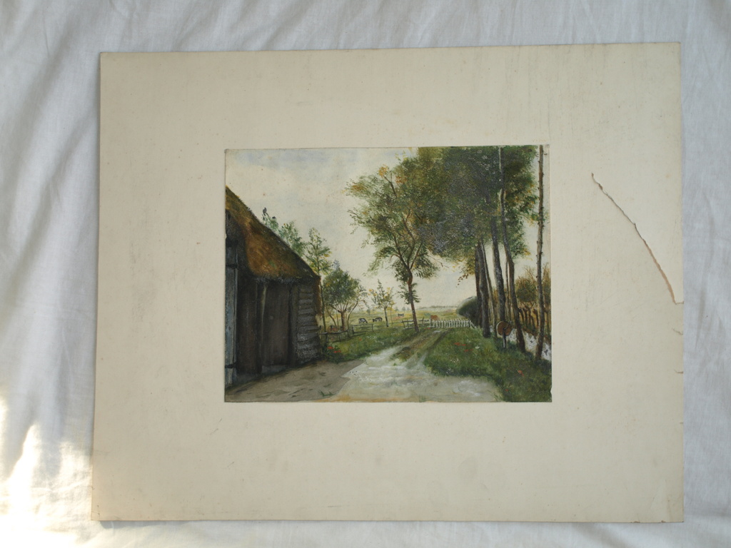 Onbekende kunstenaar – Olieverf op papier – Boerenlandschap  kopen? Bied vanaf 1!