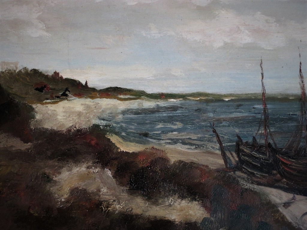 Interessant circa 1930 olieverf landschap "sloepen op het strand" monogram YR kopen? Bied vanaf 1!