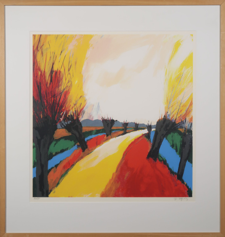 Gerda Elfring: Zeefdruk, Landschap met wilgen - Ingelijst verkocht voor € 60!