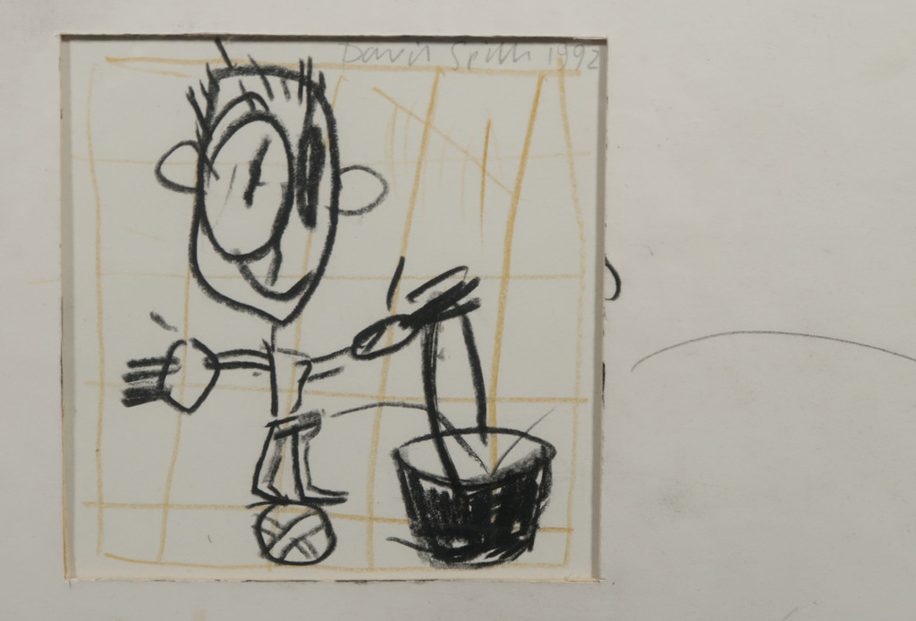 David Spiller: Potloodtekening, Boy standing on a ball pissing in a  - Ingelijst kopen? Bied vanaf 100!