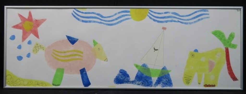 Wout Sanders: Olie en/of acryl op papier, Ollie gaat op reis - Ingelijst kopen? Bied vanaf 1!