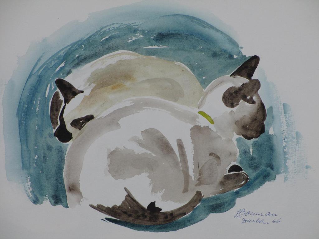 Hannie Bouman, Twee Siamezen, Aquarel verkocht voor € 40!