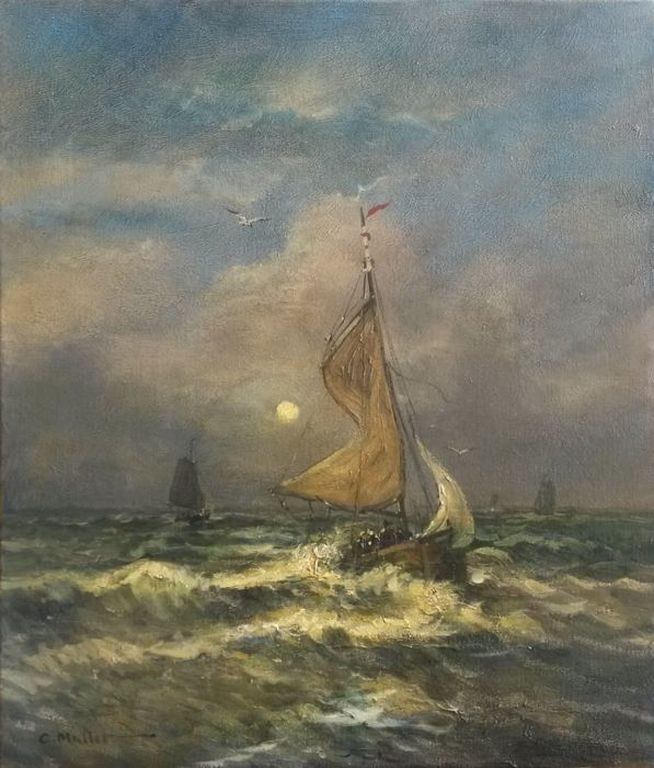 Cees Muller (1941) - Botters op zee - Olieverf op paneel kopen? Bied vanaf 300!