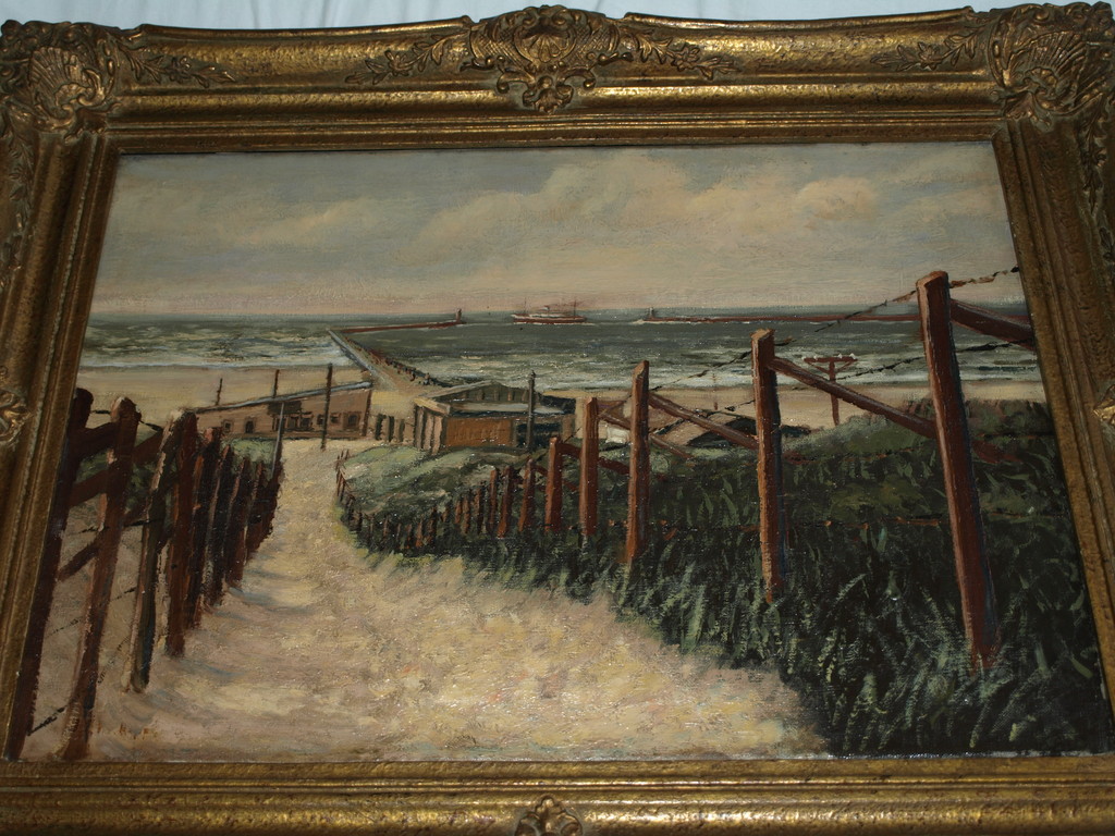 Onduidelijke signatuur : Olieverf op canvas – IJmuiden met pier– Ingelijst–1936  verkocht voor € 41!