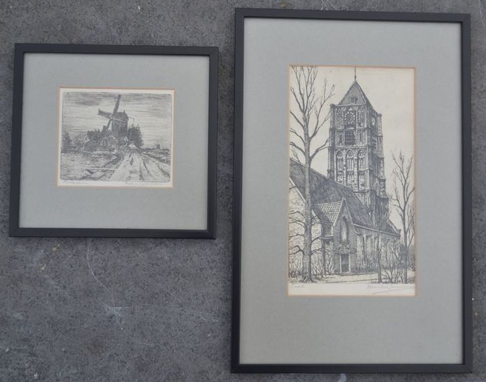 Twee fraaie etsen van Marius Janssen, in potlood gesigneerd. verkocht voor € 50!