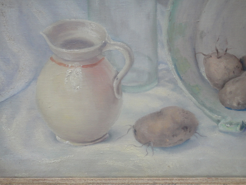 Hollandse school, olieverf op doek, stilleven met kan en aardappels  kopen? Bied vanaf 175!