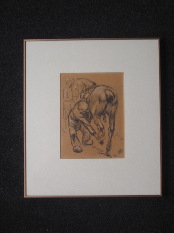 omstreeks 1920 realistische houtskooltekening van boer en paard met monogram kopen? Bied vanaf 1!