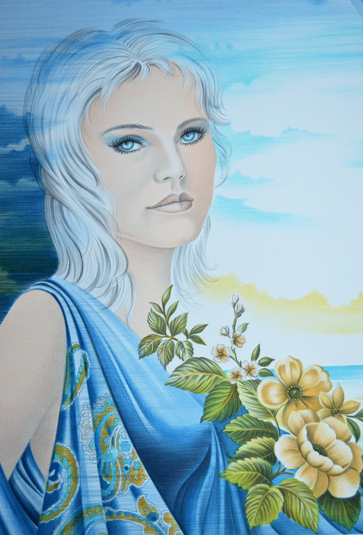 Pierre Bertin: 'Femme avec fleurs', grote kleurenlithografie, handgesigneerd kopen? Bied vanaf 1!