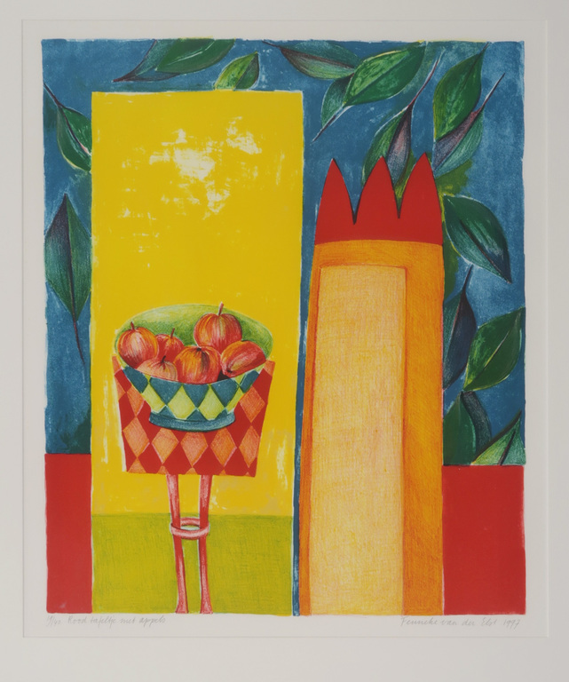 Fenneke van der Elst: Litho, Rood tafeltje met appels - Ingelijst kopen? Bied vanaf 1!