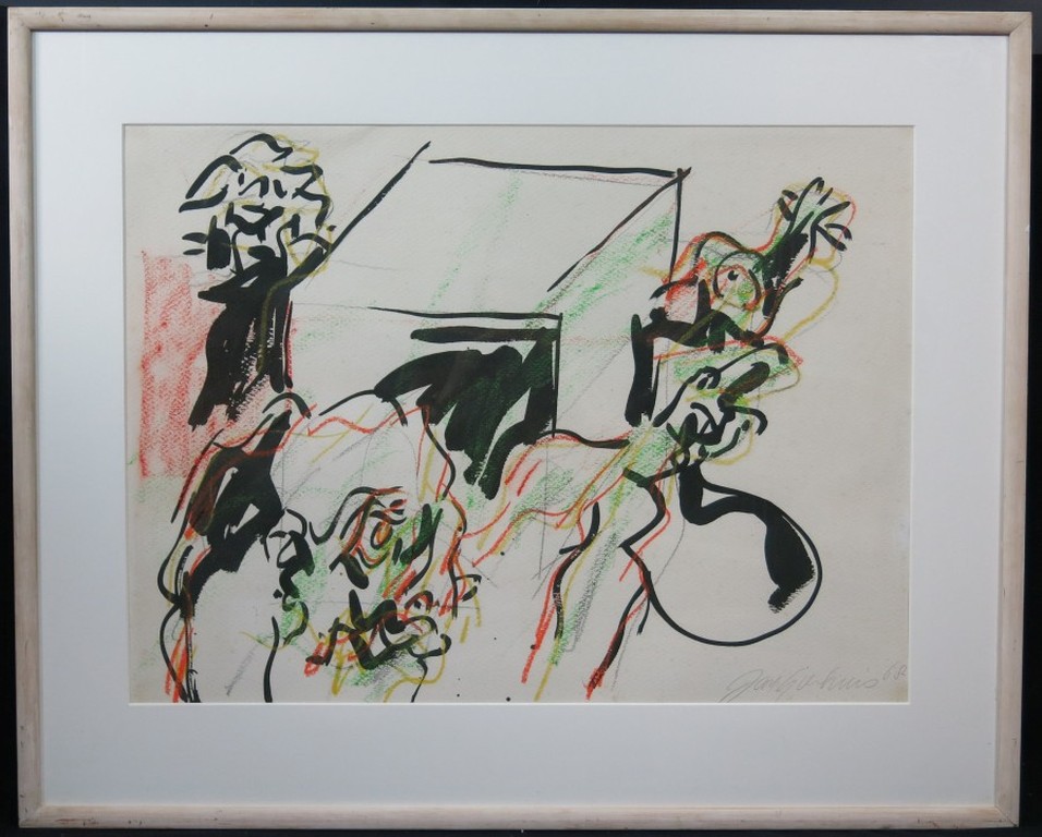Jan Sierhuis: Gemengde techniek, Figuren, 1968 -Ingelijst  verkocht voor € 200!