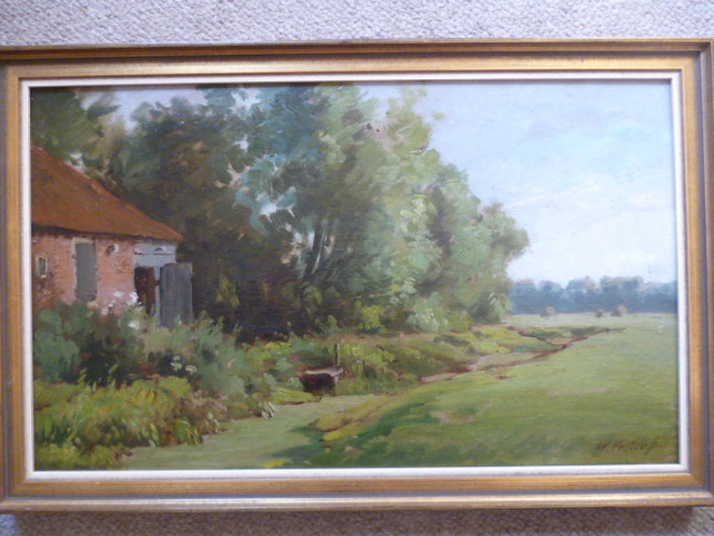 Willem Vester - olieverf - Boerenschuur aan sloot bij Heemstede kopen? Bied vanaf 450!