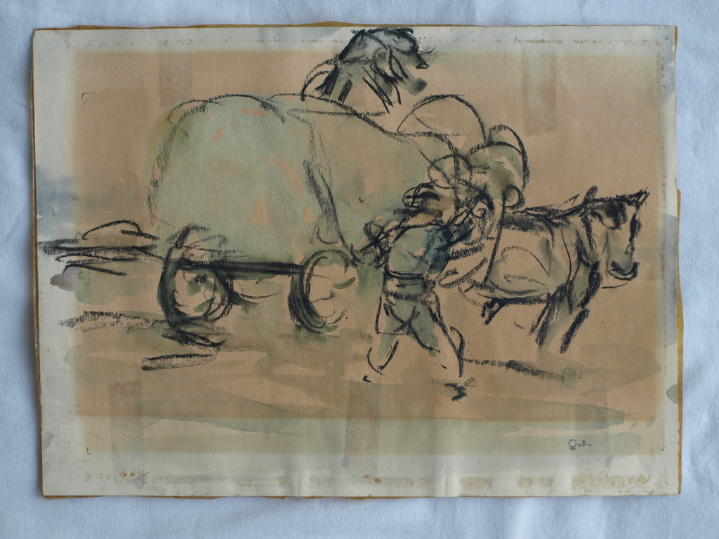 Onduidelijke signatuur : Aquarel / pasteltekening - Boerenkar – ca 1900 kopen? Bied vanaf 25!