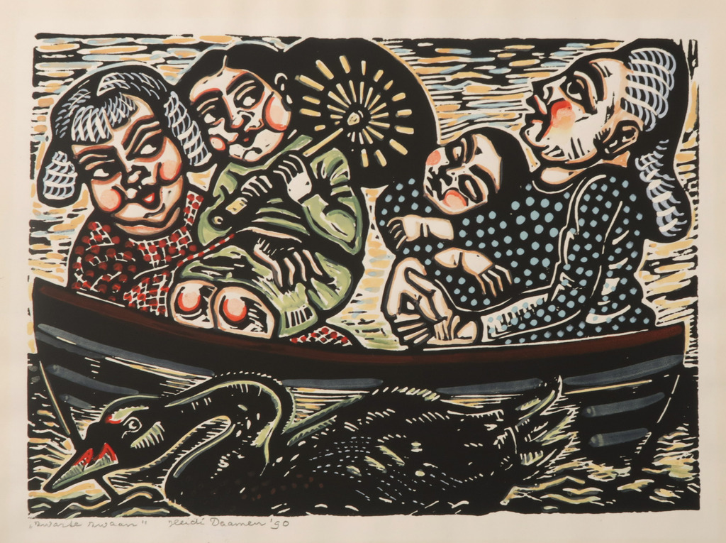 Heidi Daamen: Handgekleurde lino, Zwarte zwaan kopen? Bied vanaf 1!