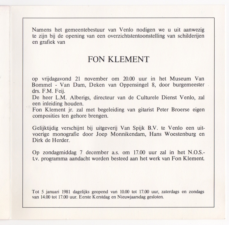 Fon Klement, zeldzaam verzamelaarsobject, uitnodiging voor expositie 1980 kopen? Bied vanaf 1!