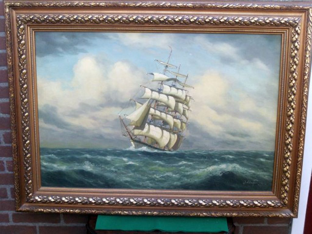 Jan Schaeffer: groot maritiem werk, zeilschip in volle zee (olieverf op linnen) verkocht voor € 225!