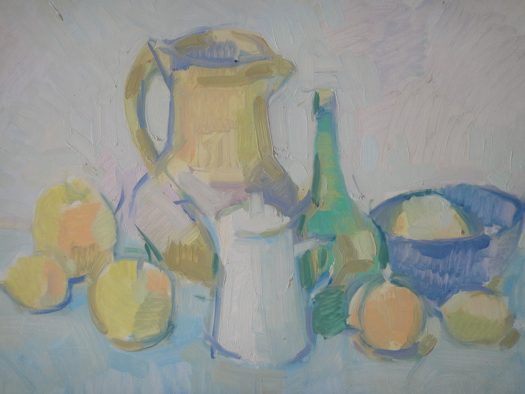 Jan Verheijen, olieverf op board, stilleven met o.a. fruit, fles en theekan II kopen? Bied vanaf 1!