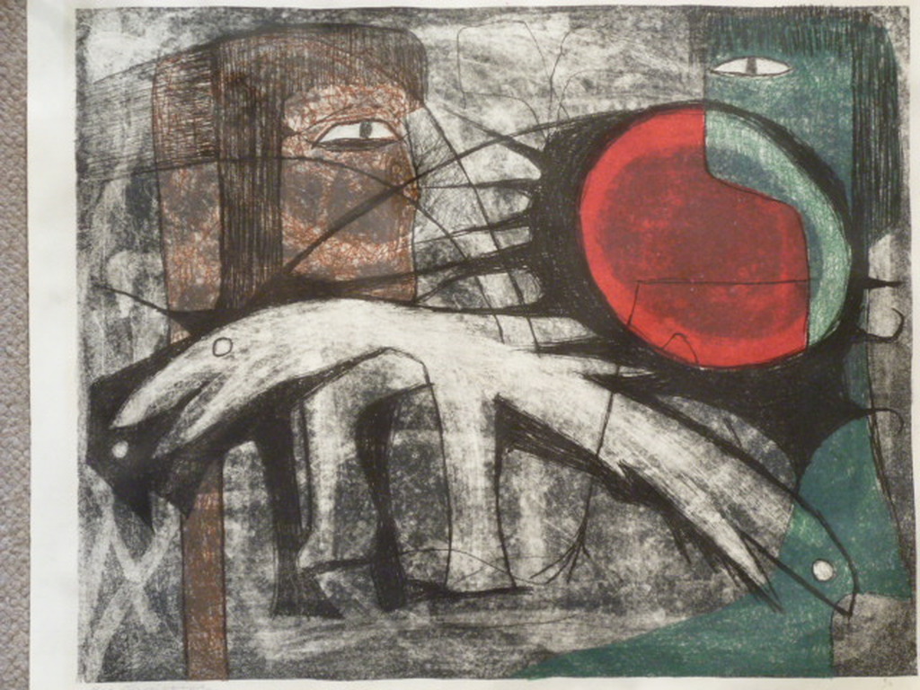 Harry van Kruiningen - kleurenlitho - Dierfiguur met 2 gezichten en rode zon verkocht voor € 90!