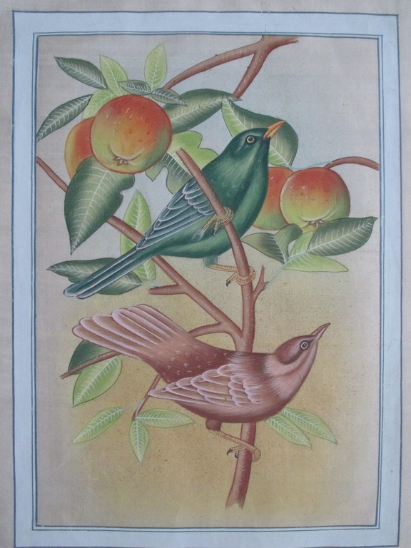 Onbekend, twee beschilderde zijden doeken, vogels kopen? Bied vanaf 10!