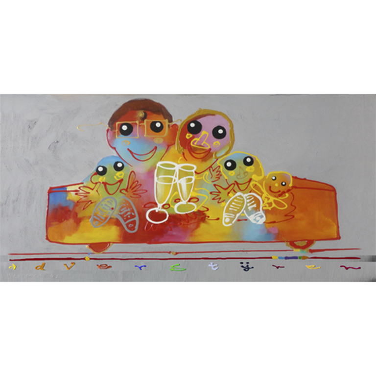 AD VERSTIJNEN, groot schilderij: acrylverf op linnen 'Bankstel' (70x140 cm.) verkocht voor € 295!