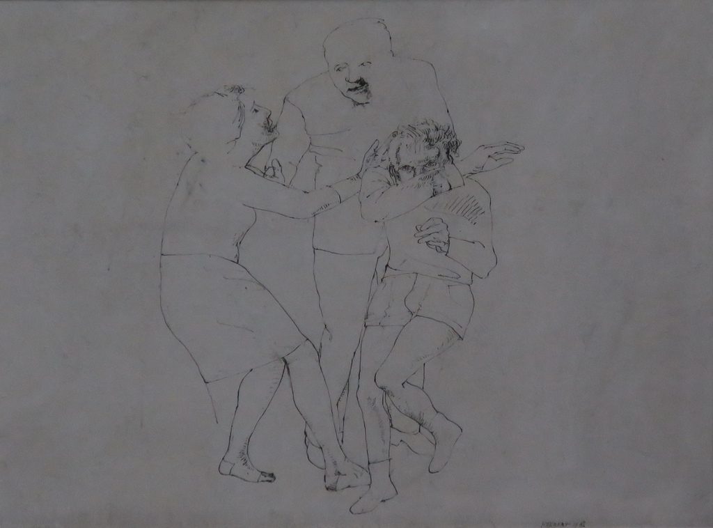 Fer Hakkaart: Inkttekening, Drie met Ruzie -Ingelijst kopen? Bied vanaf 50!