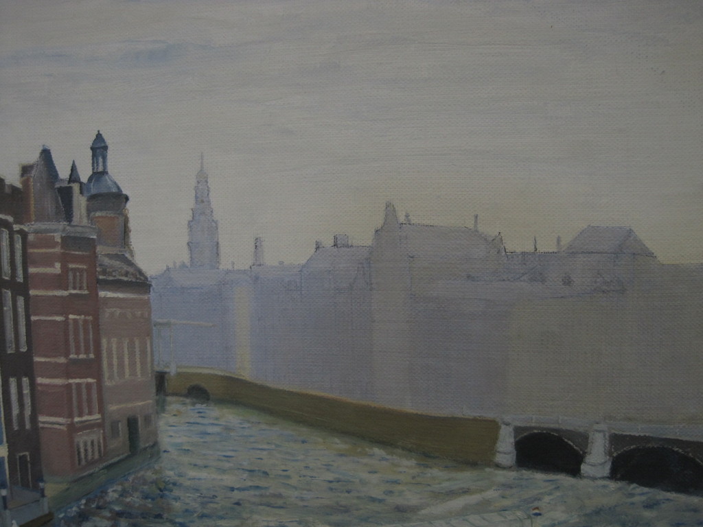 groot Stadsgezicht Amsterdam Hotel l'Europe aan de Amstel  olieverf 1994  kopen? Bied vanaf 1!