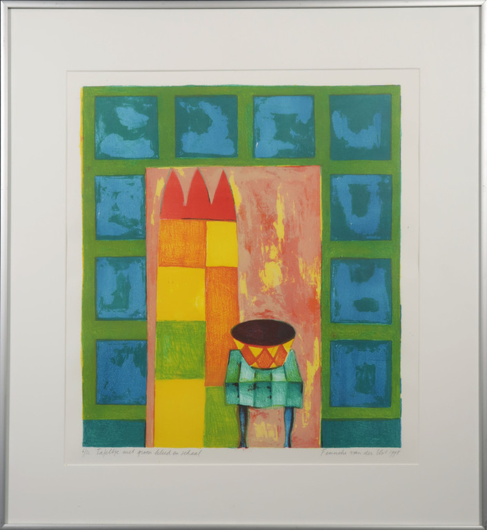 Fenneke van der Elst: Zeefdruk, Tafeltje met groen kleed en schaal - Ingelijst verkocht voor € 36!