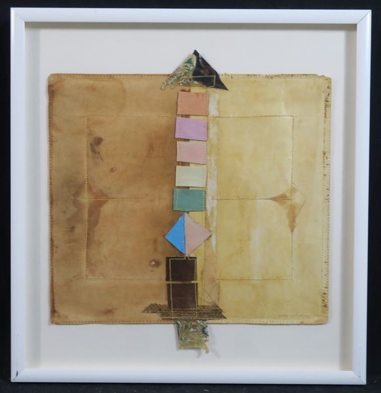 Martje Verhoeven: Collage van leer, Abstracte compositie - Ingelijst kopen? Bied vanaf 50!