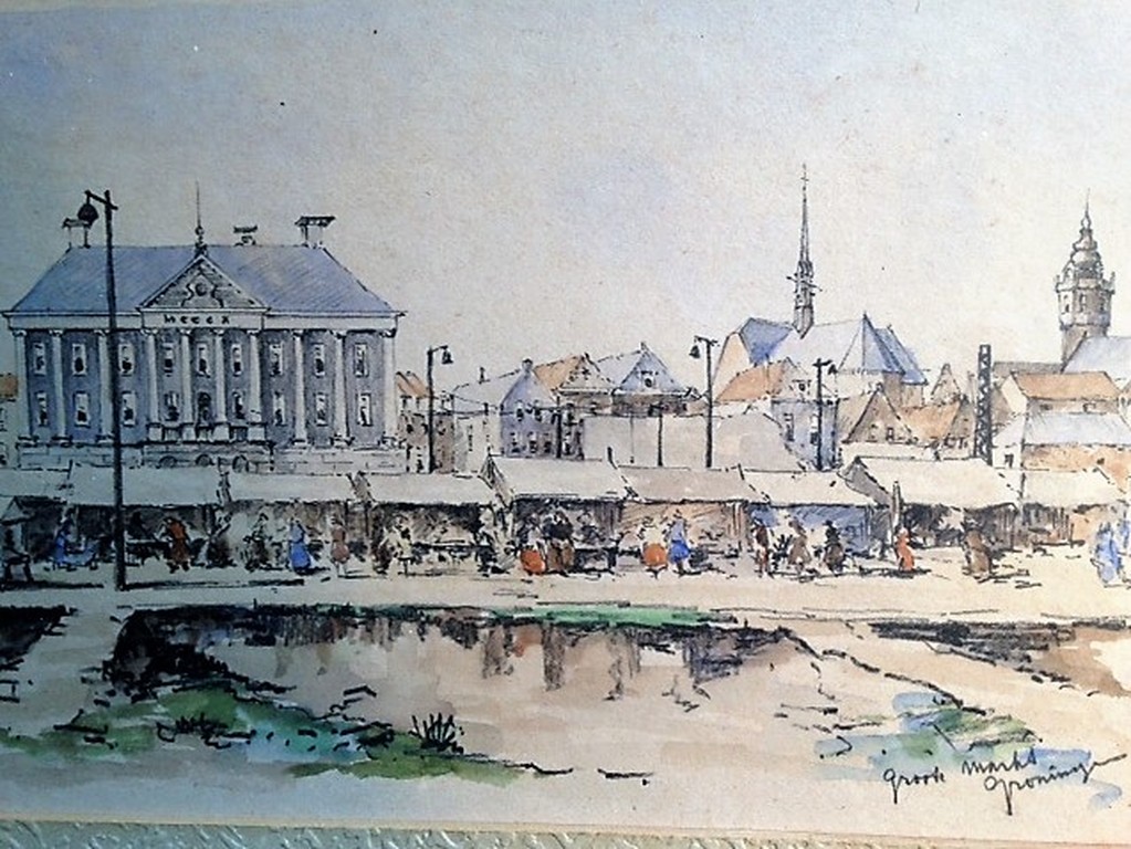 Bob Brobbel - Bob Brobbel (1907-1971) aquarel, Grote Markt Groningen kopen? Bied vanaf 35!