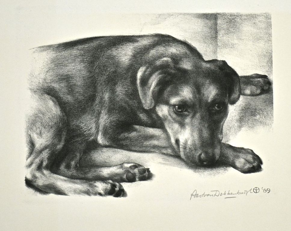 Aart van Dobbenburgh. -Hondje- Litho. Handgesigneerd. 1969 verkocht voor € 55!