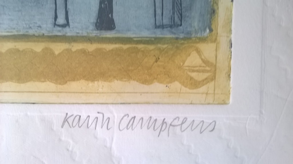 Karin Campfens, kleuren ets, Spreuk: Roeien met de riemen die je hebt kopen? Bied vanaf 25!