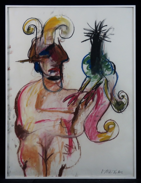 Anton Martineau: Pasteltekening, Vrouw met vogel - Ingelijst (groot) verkocht voor € 150!