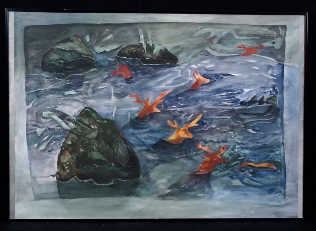 Hetty Goverts: Acryl op papier, Rendieren - Ingelijst (groot) verkocht voor € 35!