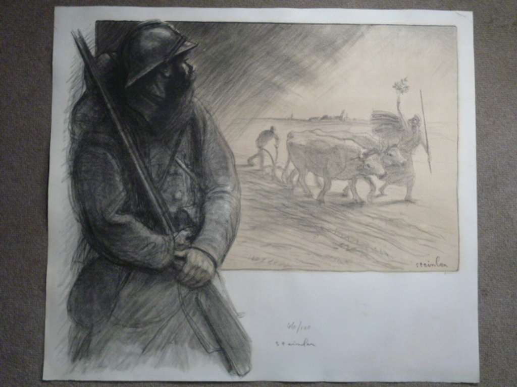 T.A. Steinlen - litho - Soldaat, ploegende boer en man met stok en tak met blad verkocht voor € 80!