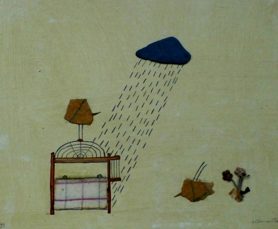 Ellen van Toor - gemengde techniek: collage/tekening/ gouache op board - 1997 verkocht voor € 50!