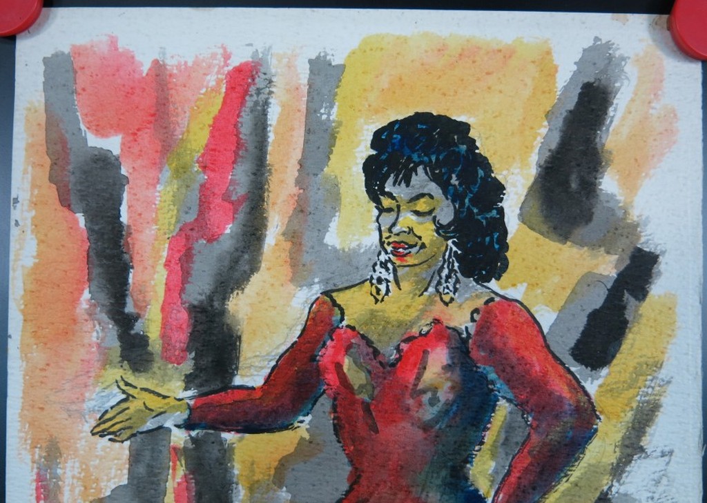 Wim Jurcka: Aquarel en stift, Vrouw in rode jurk kopen? Bied vanaf 1!