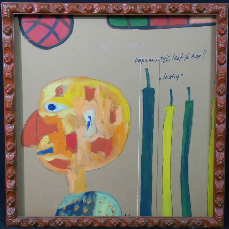 Meertje Kaal: Acryl op board, Papagaai, He leef je nog? - Ingelijst verkocht voor € 35!