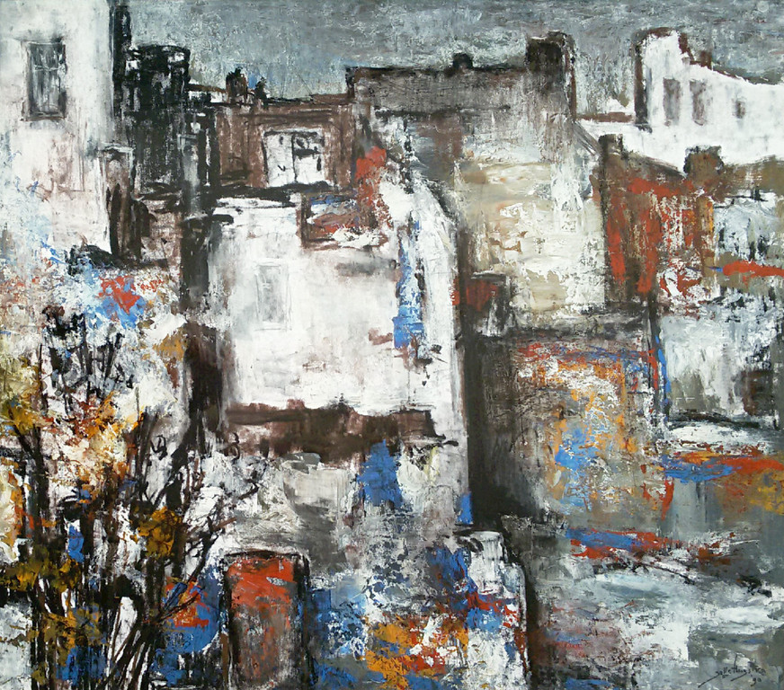 Jelle Hoogstra - Expressionistische nederzetting, gouache (mooi ingelijst) verkocht voor € 160!