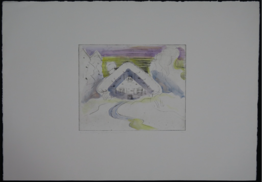 Rinke Nijburg: Handbeschilderde ets, Het besneeuwde huis kopen? Bied vanaf 35!