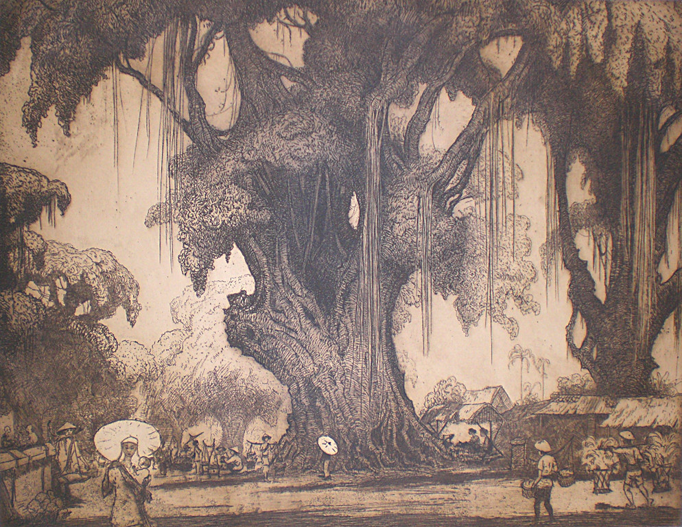 Jan Poortenaar: Onder de waringin, ets (ingelijst) verkocht voor € 90!