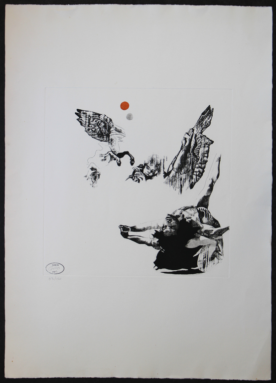 Gerti Bierenbroodspot, ets, Composition with falling Icarus (?) verkocht voor € 45!