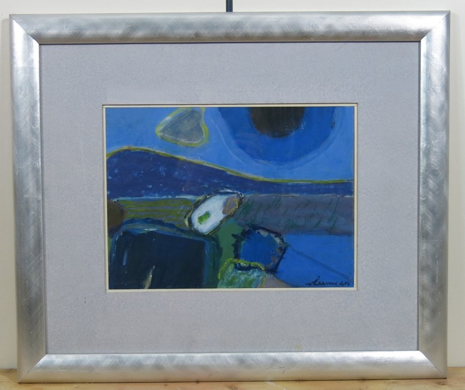 Wil van Leeuwen: Gouache, Abstract in blauwtinten - Ingelijst kopen? Bied vanaf 150!