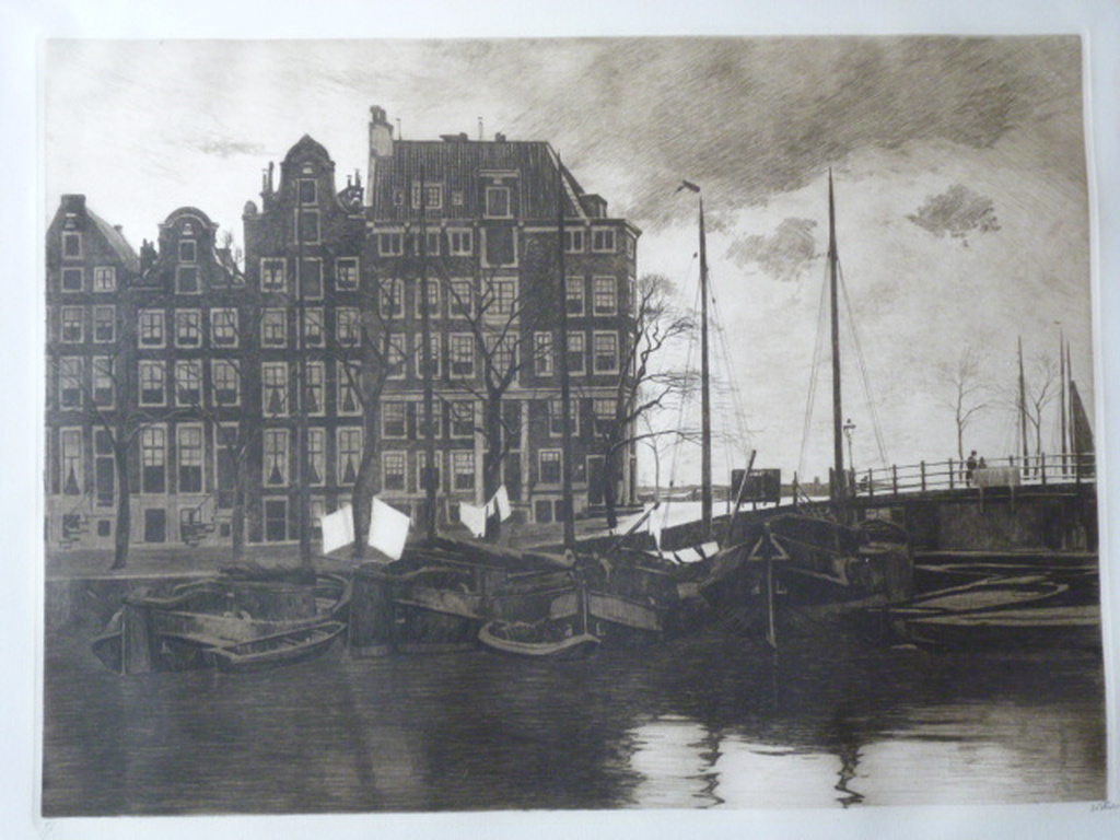 Willem Witsen - ets - Binnenkant, met wapperende was op de schepen verkocht voor € 475!